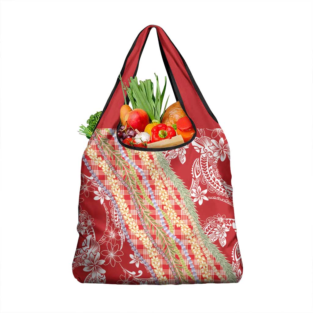 Red Palaka Hawaii Leis Grocery Bag Hawaiian-plaid Elegant Tropical Vibes - Polynesian Pride