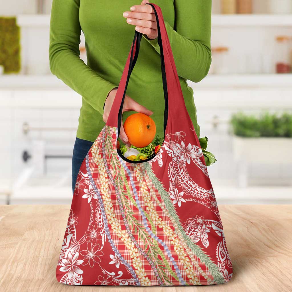 Red Palaka Hawaii Leis Grocery Bag Hawaiian-plaid Elegant Tropical Vibes - Polynesian Pride