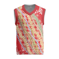 Red Palaka Hawaii Leis Christmas Knitted V-Neck Vest Hawaiian-plaid Elegant Tropical Vibes - Polynesian Pride