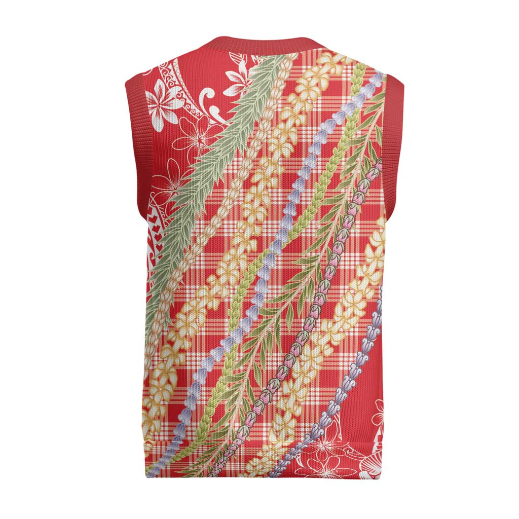 Red Palaka Hawaii Leis Christmas Knitted V-Neck Vest Hawaiian-plaid Elegant Tropical Vibes - Polynesian Pride