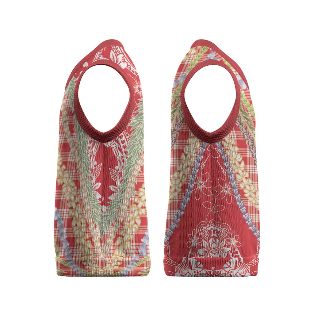 Red Palaka Hawaii Leis Christmas Knitted V-Neck Vest Hawaiian-plaid Elegant Tropical Vibes - Polynesian Pride