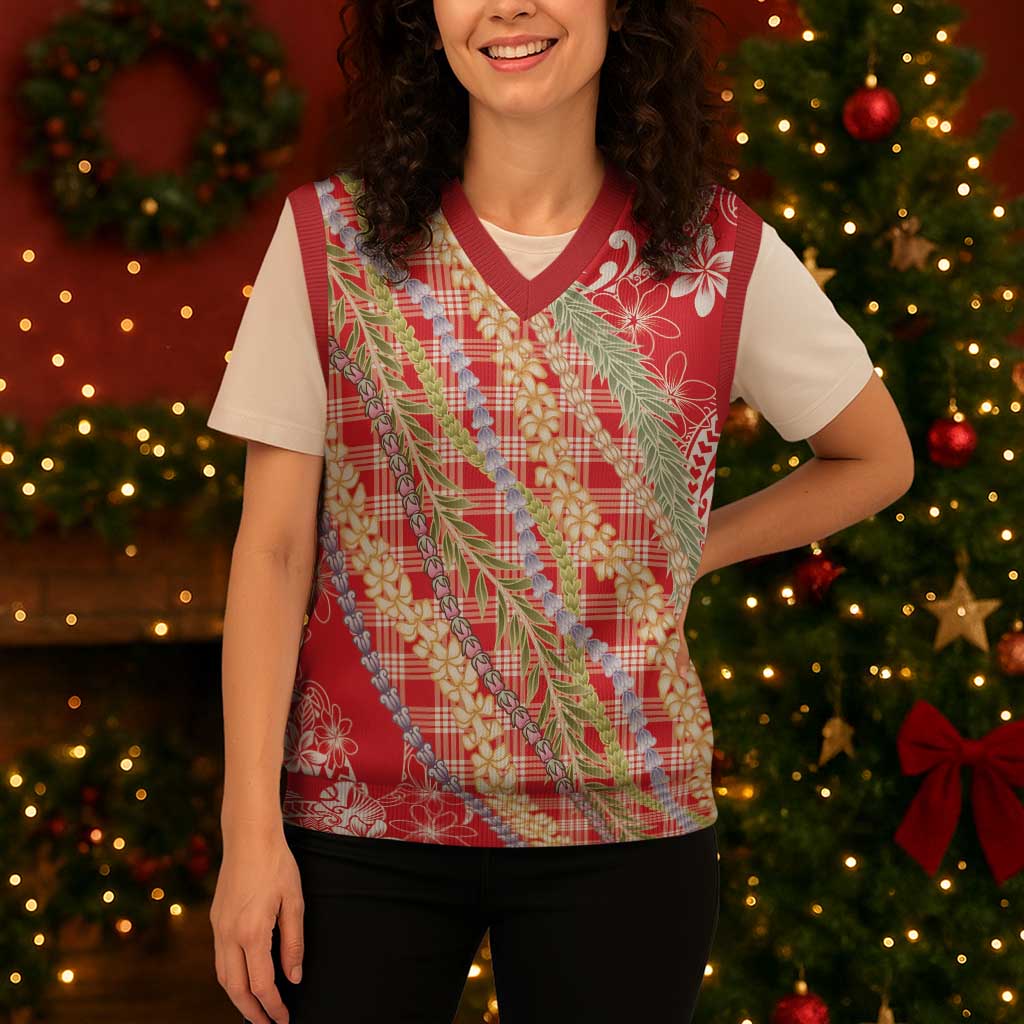 Red Palaka Hawaii Leis Christmas Knitted V-Neck Vest Hawaiian-plaid Elegant Tropical Vibes - Polynesian Pride