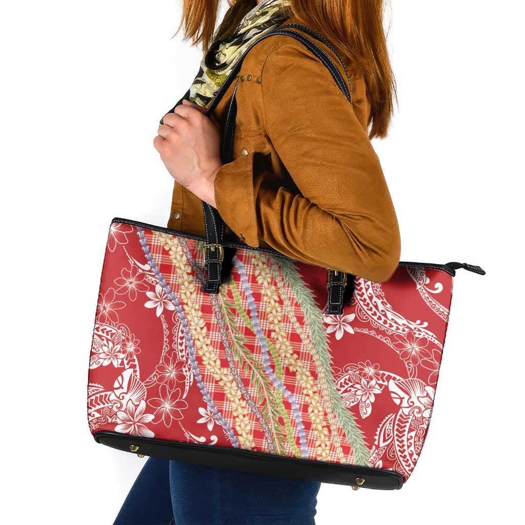 Red Palaka Hawaii Leis Leather Tote Bag Hawaiian-plaid Elegant Tropical Vibes - Polynesian Pride