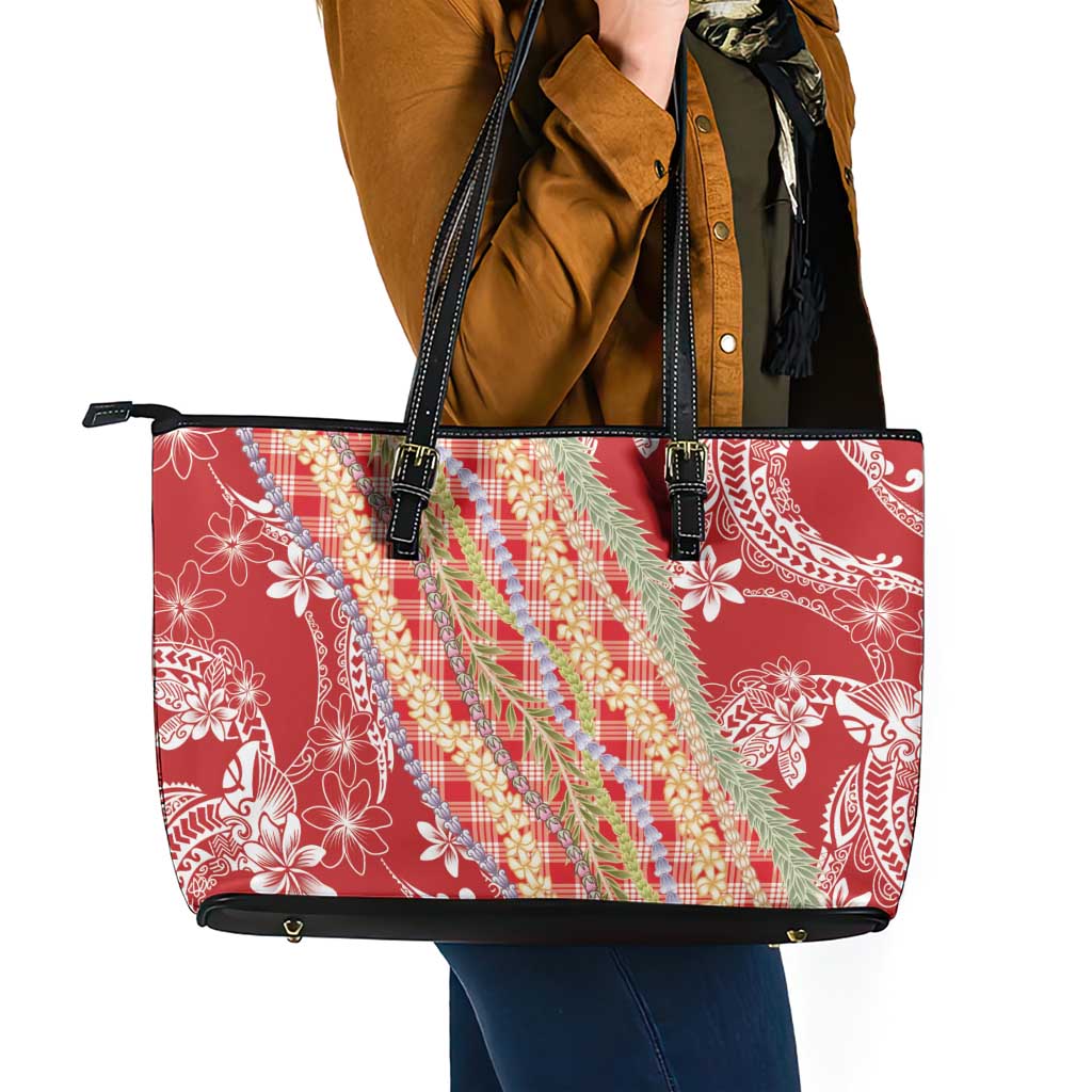 Red Palaka Hawaii Leis Leather Tote Bag Hawaiian-plaid Elegant Tropical Vibes - Polynesian Pride