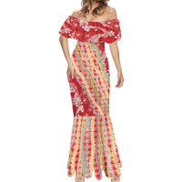 Red Palaka Hawaii Leis Mermaid Dress Hawaiian-plaid Elegant Tropical Vibes - Polynesian Pride