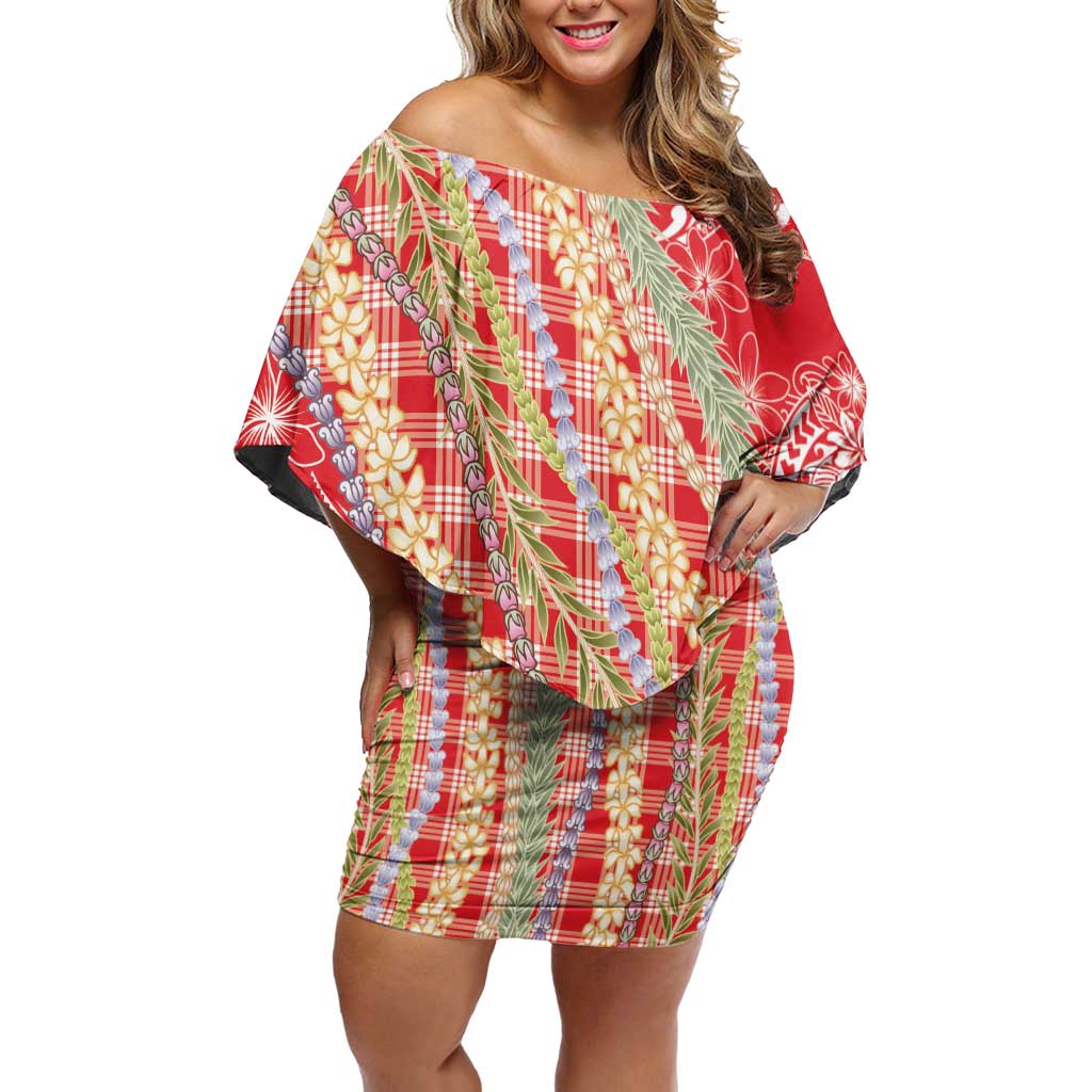 Red Palaka Hawaii Leis Off Shoulder Short Dress Hawaiian-plaid Elegant Tropical Vibes - Polynesian Pride