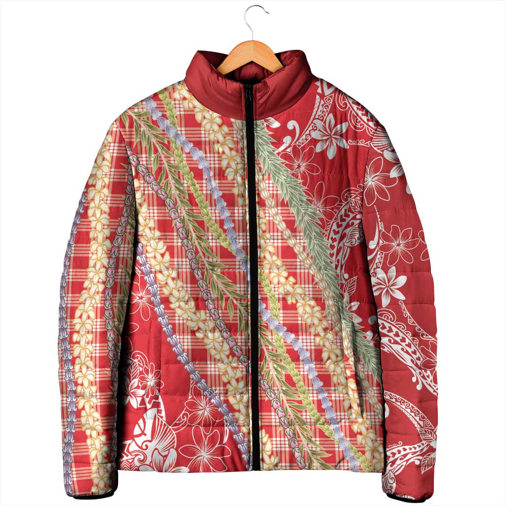 Red Palaka Hawaii Leis Padded Jacket Hawaiian-plaid Elegant Tropical Vibes - Polynesian Pride