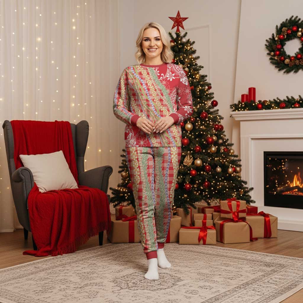Red Palaka Hawaii Leis Christmas Pajama Set Hawaiian-plaid Elegant Tropical Vibes - Polynesian Pride