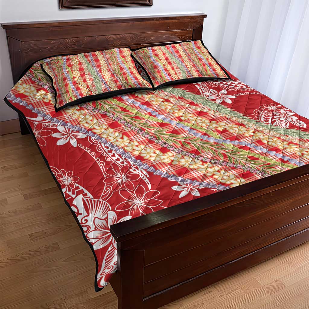 Red Palaka Hawaii Leis Quilt Bed Set Hawaiian-plaid Elegant Tropical Vibes - Polynesian Pride