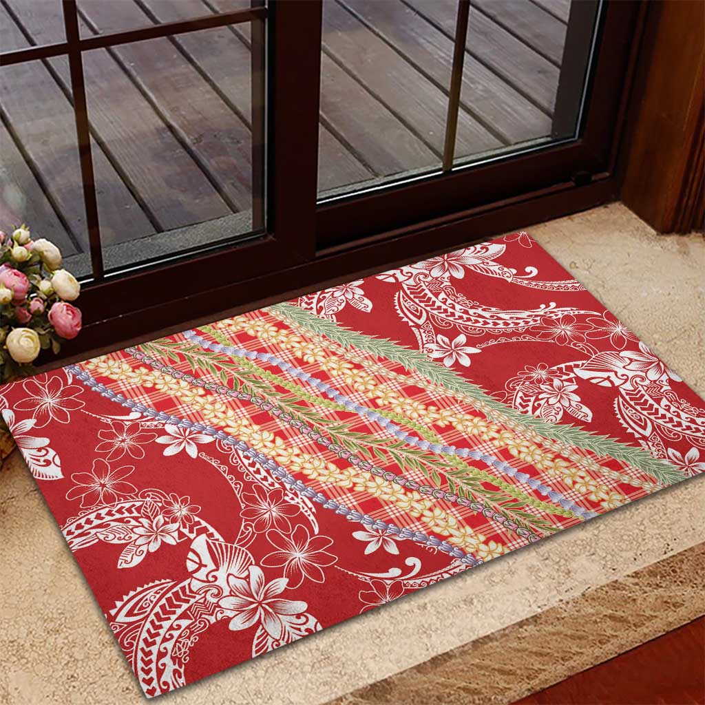Red Palaka Hawaii Leis Rubber Doormat Hawaiian-plaid Elegant Tropical Vibes - Polynesian Pride