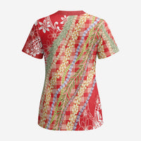 Red Palaka Hawaii Leis Scrub Top Hawaiian-plaid Elegant Tropical Vibes - Polynesian Pride