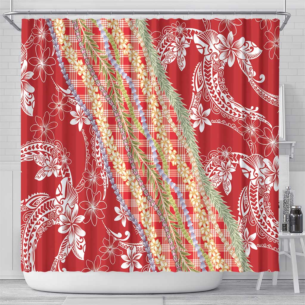 Red Palaka Hawaii Leis Shower Curtain Hawaiian-plaid Elegant Tropical Vibes - Polynesian Pride