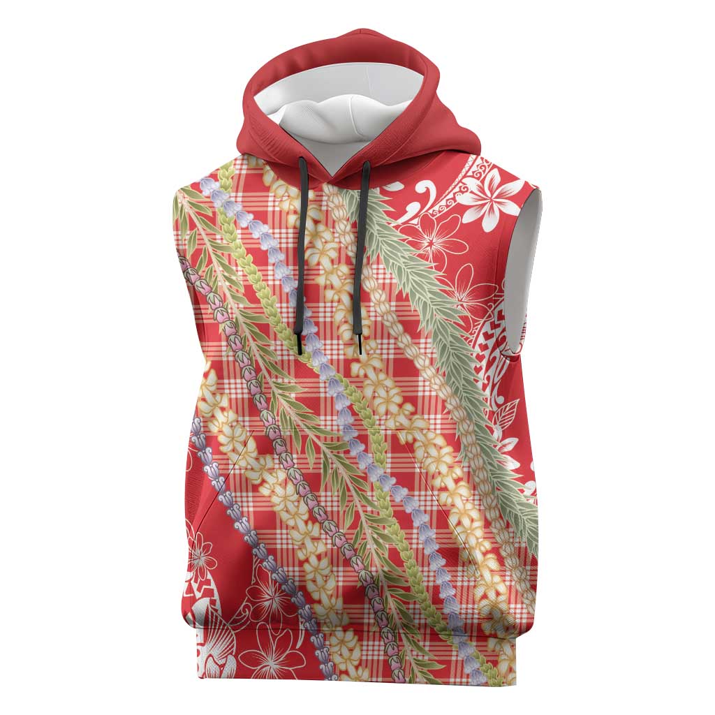 Red Palaka Hawaii Leis Sleeveless Hoodie Hawaiian-plaid Elegant Tropical Vibes - Polynesian Pride