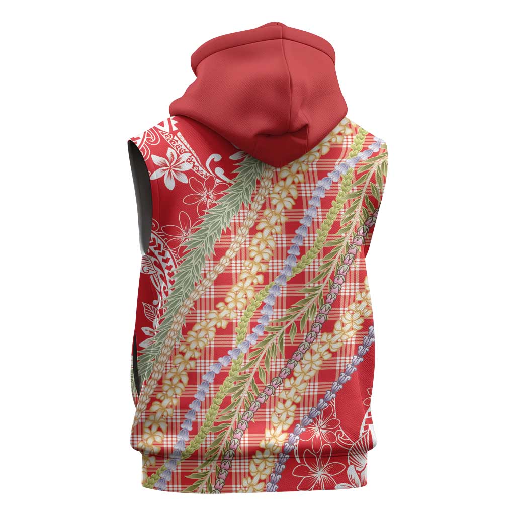 Red Palaka Hawaii Leis Sleeveless Zip Hoodie Hawaiian-plaid Elegant Tropical Vibes - Polynesian Pride