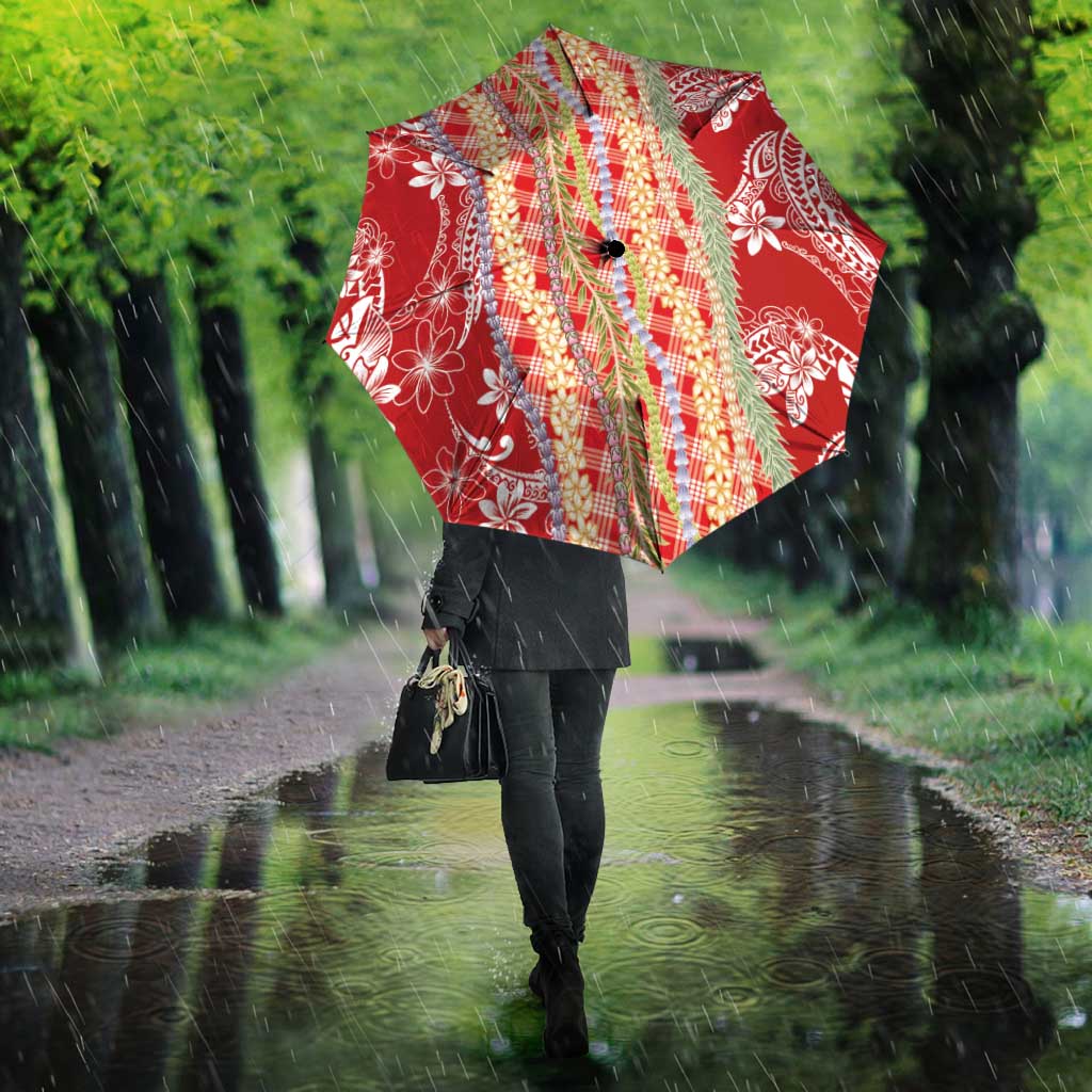 Red Palaka Hawaii Leis Umbrella Hawaiian-plaid Elegant Tropical Vibes - Polynesian Pride