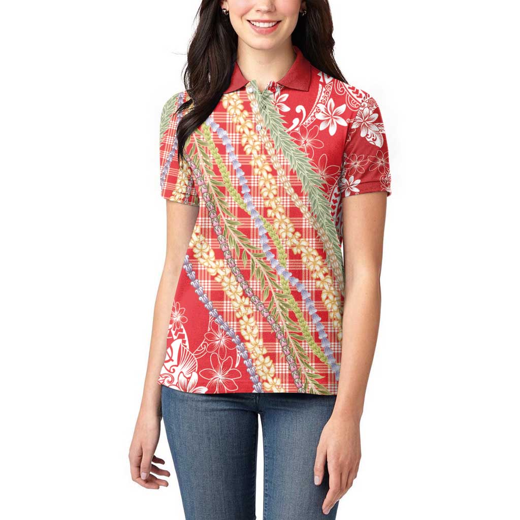 Red Palaka Hawaii Leis Women Polo Shirt Hawaiian-plaid Elegant Tropical Vibes - Polynesian Pride