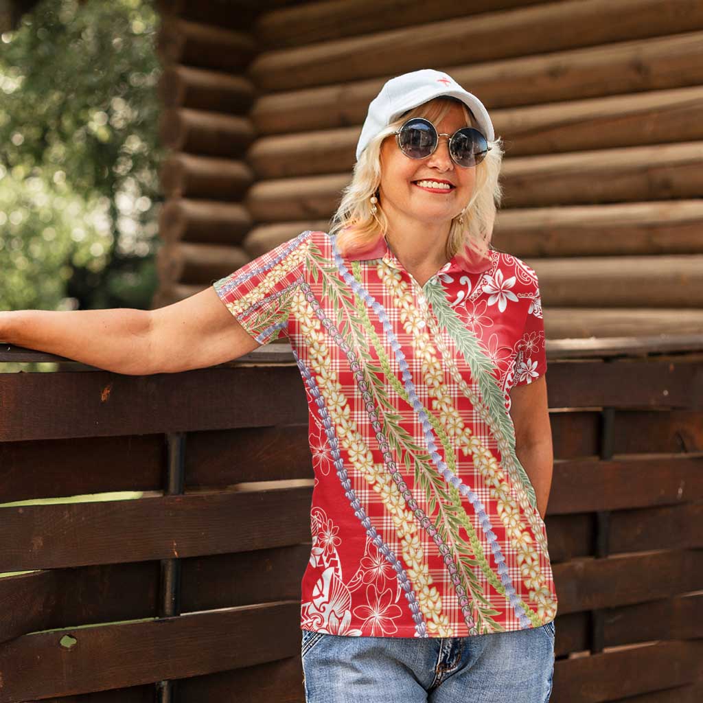 Red Palaka Hawaii Leis Women Polo Shirt Hawaiian-plaid Elegant Tropical Vibes - Polynesian Pride