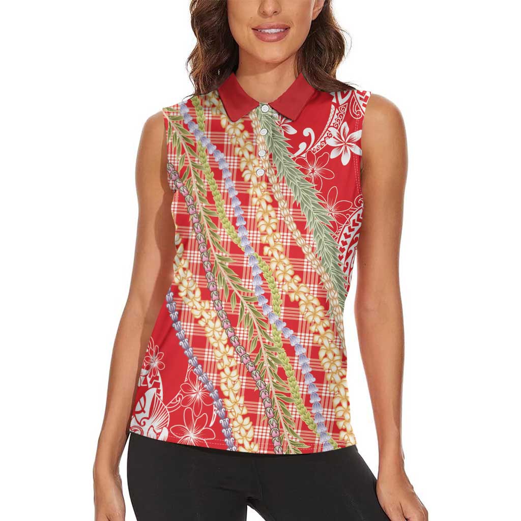 Red Palaka Hawaii Leis Women Sleeveless Polo Shirt Hawaiian-plaid Elegant Tropical Vibes - Polynesian Pride