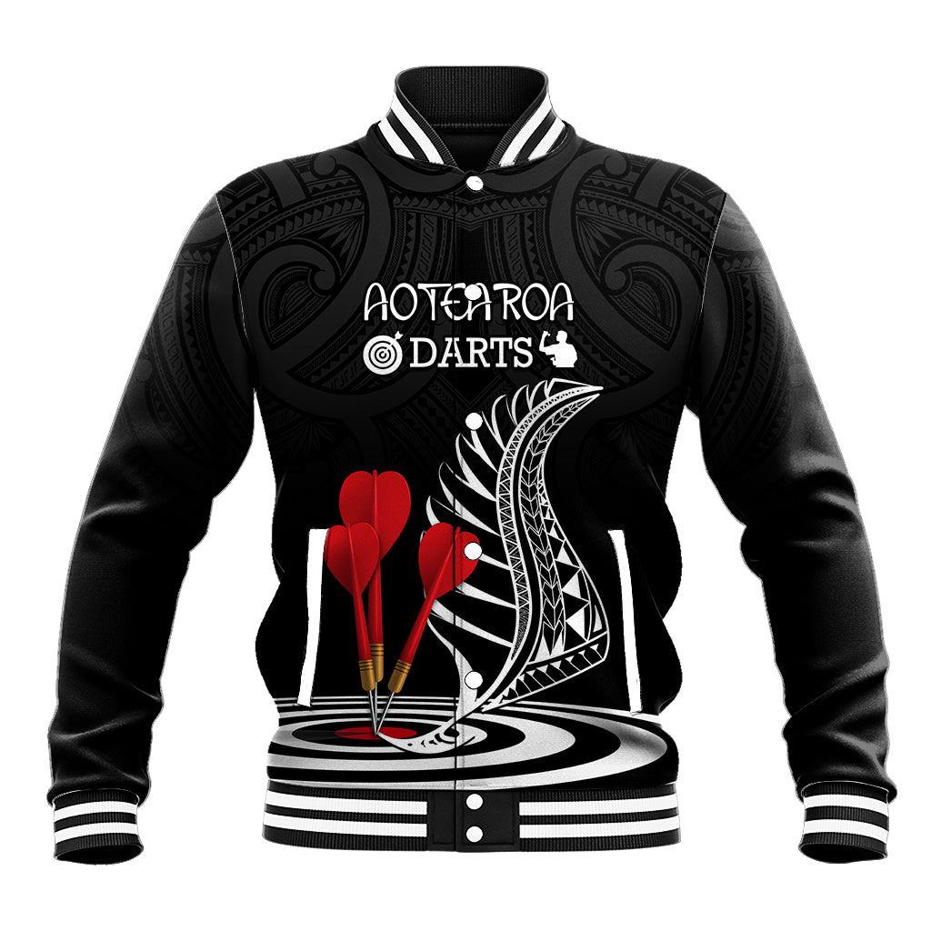 Personalised New Zealand Darts Baseball Jacket Aotearoa Maori Fern Bring It On LT14 Unisex Black - Polynesian Pride