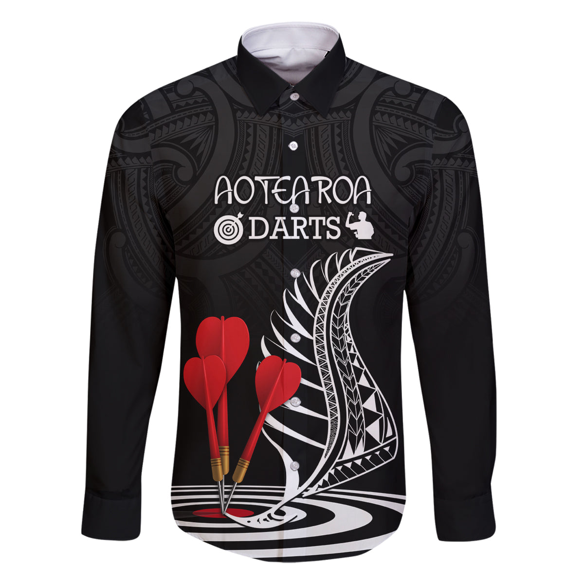 Personalised New Zealand Darts Family Matching Off Shoulder Long Sleeve Dress and Hawaiian Shirt Aotearoa Maori Fern Bring It On LT14 Dad's Shirt - Long Sleeve Black - Polynesian Pride