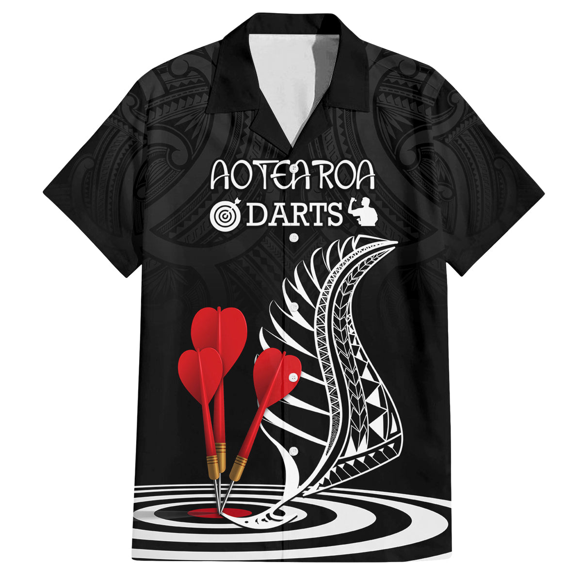 Personalised New Zealand Darts Family Matching Off Shoulder Short Dress and Hawaiian Shirt Aotearoa Maori Fern Bring It On LT14 Dad's Shirt - Short Sleeve Black - Polynesian Pride