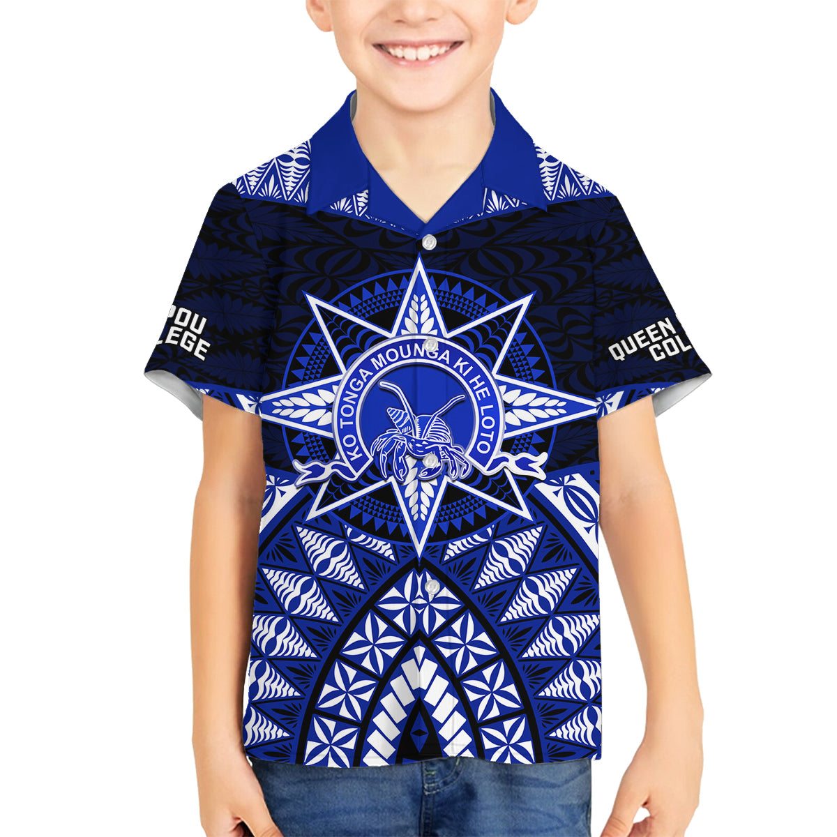 Tonga Tupou College And Queen Salote College Family Matching Off Shoulder Long Sleeve Dress and Hawaiian Shirt Tongan Ngatu Pattern LT14 Son's Shirt Blue - Polynesian Pride