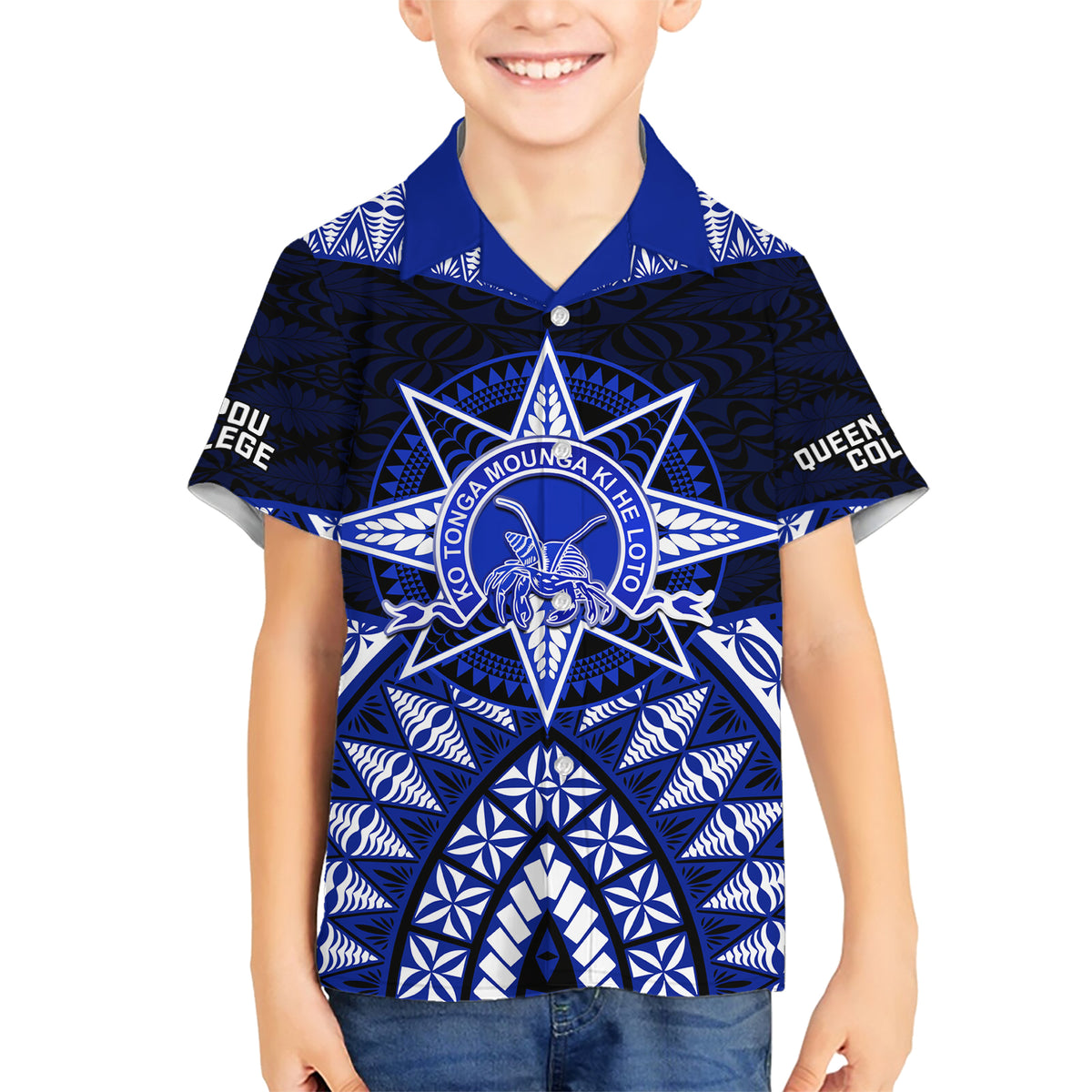 Tonga Tupou College And Queen Salote College Family Matching Short Sleeve Bodycon Dress and Hawaiian Shirt Tongan Ngatu Pattern LT14 Son's Shirt Blue - Polynesian Pride