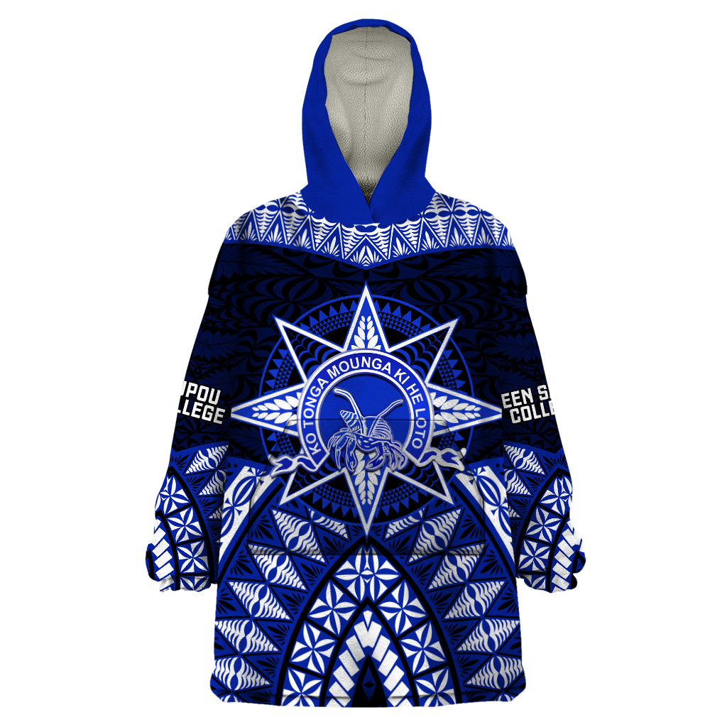 Tonga Tupou College And Queen Salote College Wearable Blanket Hoodie Tongan Ngatu Pattern LT14 One Size Blue - Polynesian Pride