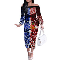 Personalised Tupou College And Kolisi Tonga Atele Family Matching Off Shoulder Long Sleeve Dress and Hawaiian Shirt Tongan Ngatu Pattern LT14 Mom's Dress Blue - Polynesian Pride