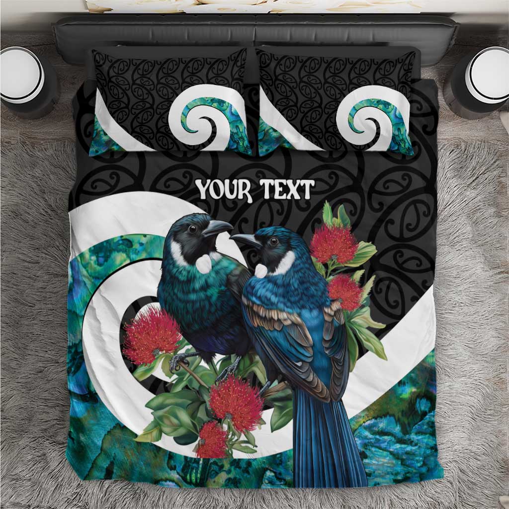 Personalised Valentine's Day New Zealand Bedding Set Tui Bird Couple Kowhaiwhai Mix Pohutukawa LT14 Black - Polynesian Pride