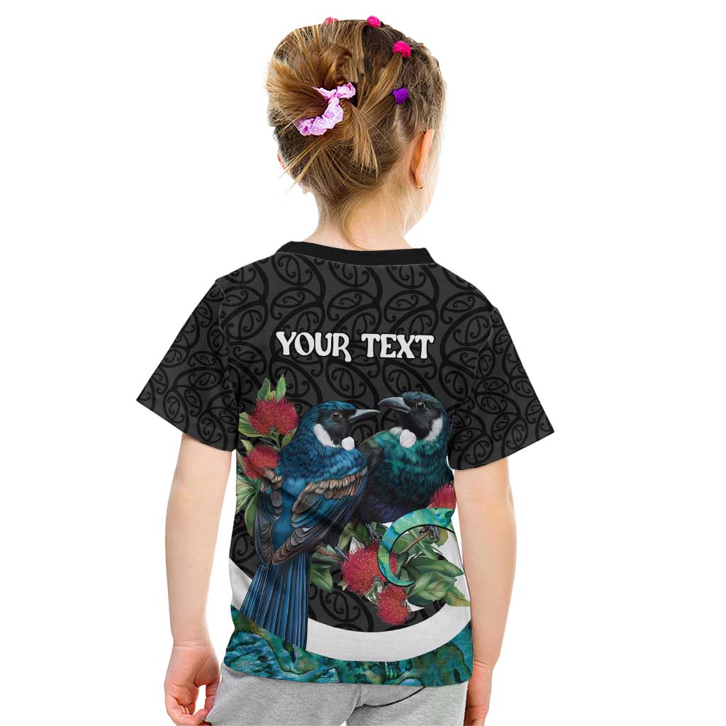 Personalised Valentine's Day New Zealand Kid T Shirt Tui Bird Couple Kowhaiwhai Mix Pohutukawa
