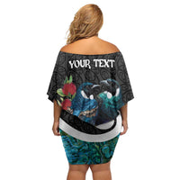 Personalised Valentine's Day New Zealand Off Shoulder Short Dress Tui Bird Couple Kowhaiwhai Mix Pohutukawa