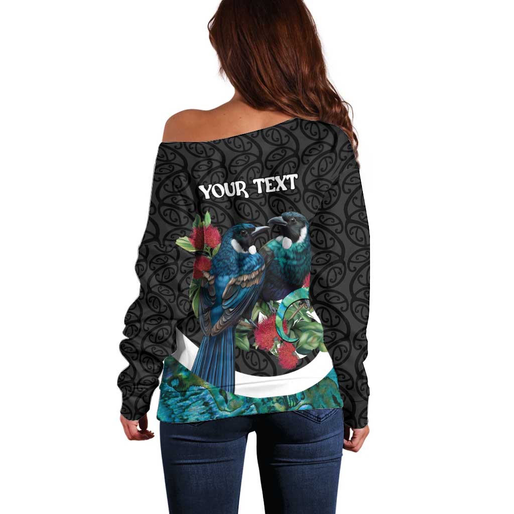 Personalised Valentine's Day New Zealand Off Shoulder Sweater Tui Bird Couple Kowhaiwhai Mix Pohutukawa