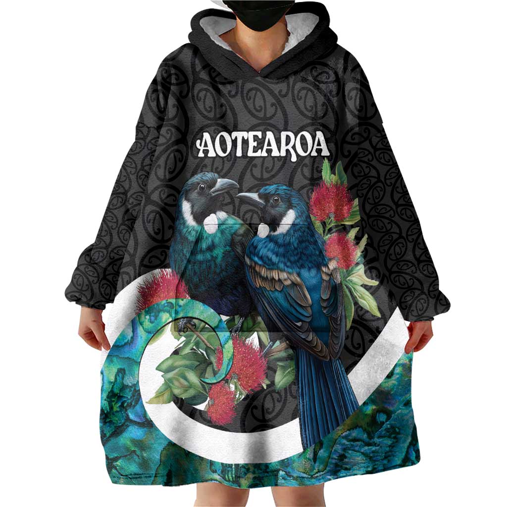 Personalised Valentine's Day New Zealand Wearable Blanket Hoodie Tui Bird Couple Kowhaiwhai Mix Pohutukawa