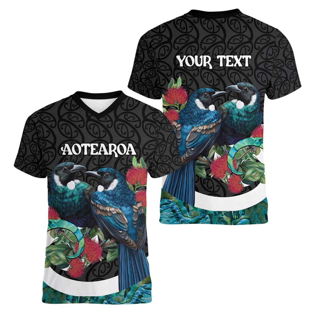 Personalised Valentine's Day New Zealand Women V-Neck T-Shirt Tui Bird Couple Kowhaiwhai Mix Pohutukawa