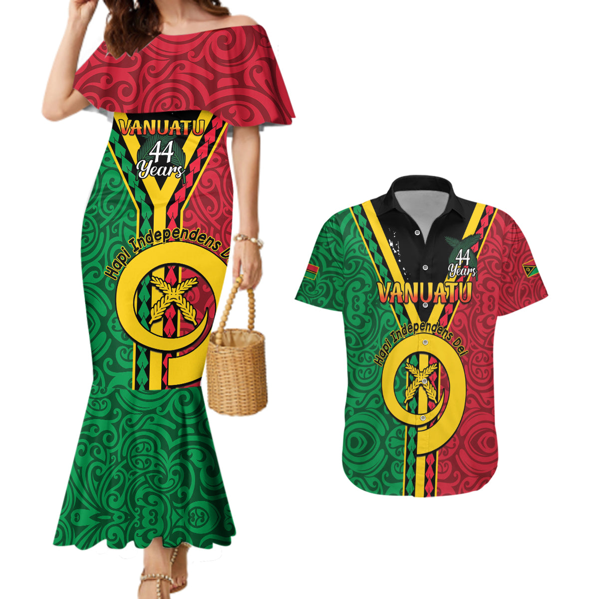 Personalised Hapi Independens Dei Vanuatu Couples Matching Mermaid Dress and Hawaiian Shirt