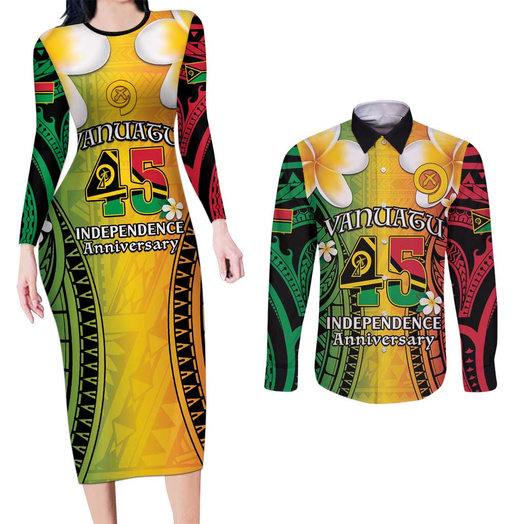 Vanuatu Independence Day Couples Matching Long Sleeve Bodycon Dress and Long Sleeve Button Shirt Long God Yumi Stanap Happy 45th Anniversary LT14