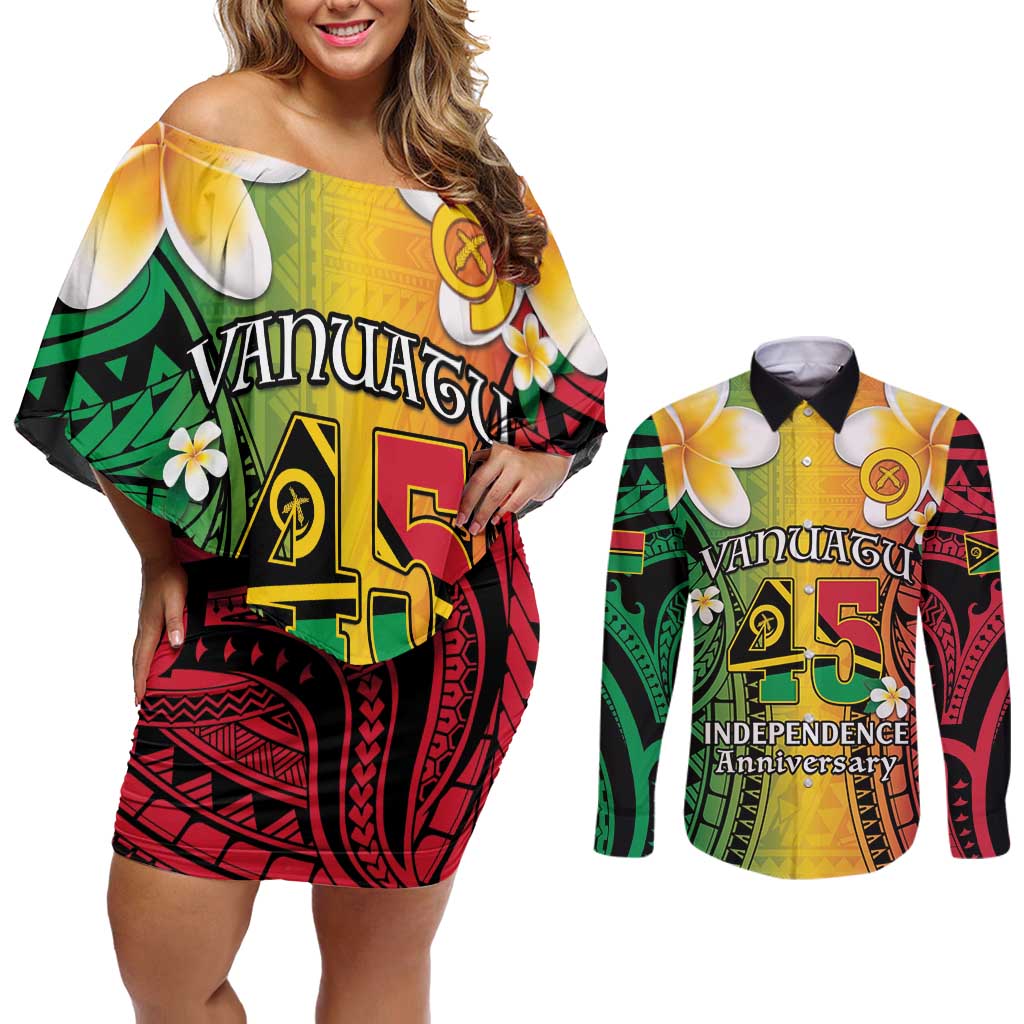 Vanuatu Independence Day Couples Matching Off Shoulder Short Dress and Long Sleeve Button Shirt Long God Yumi Stanap Happy 45th Anniversary LT14