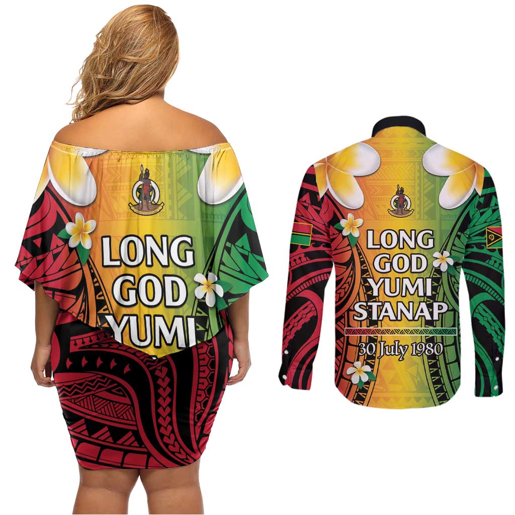 Vanuatu Independence Day Couples Matching Off Shoulder Short Dress and Long Sleeve Button Shirt Long God Yumi Stanap Happy 45th Anniversary LT14