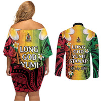 Vanuatu Independence Day Couples Matching Off Shoulder Short Dress and Long Sleeve Button Shirt Long God Yumi Stanap Happy 45th Anniversary LT14