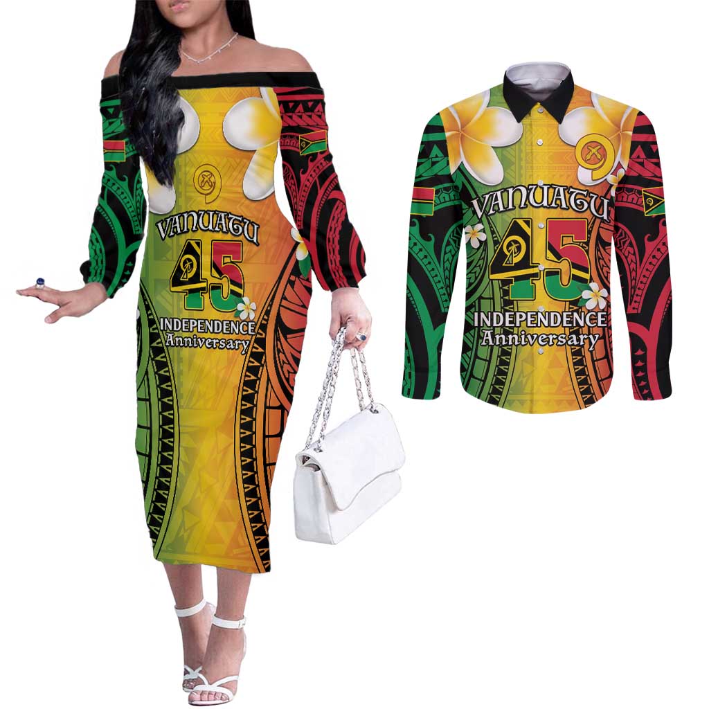 Vanuatu Independence Day Couples Matching Off The Shoulder Long Sleeve Dress and Long Sleeve Button Shirt Long God Yumi Stanap Happy 45th Anniversary LT14