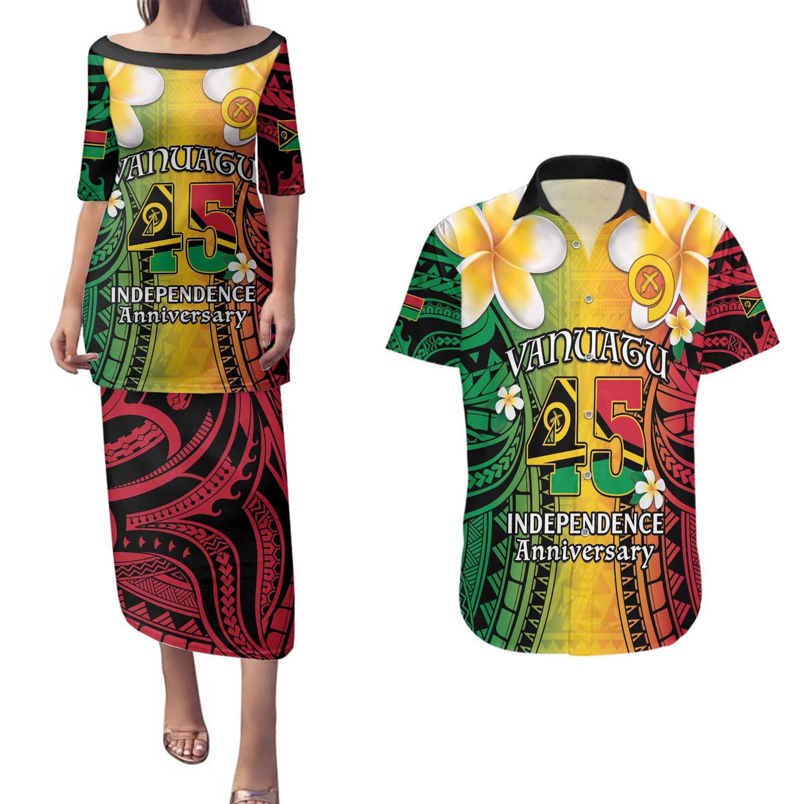 Vanuatu Independence Day Couples Matching Puletasi and Hawaiian Shirt Long God Yumi Stanap Happy 45th Anniversary LT14