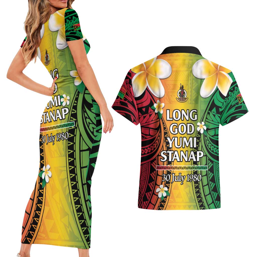 Vanuatu Independence Day Couples Matching Short Sleeve Bodycon Dress and Hawaiian Shirt Long God Yumi Stanap Happy 45th Anniversary LT14
