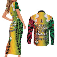 Vanuatu Independence Day Couples Matching Short Sleeve Bodycon Dress and Long Sleeve Button Shirt Long God Yumi Stanap Happy 45th Anniversary LT14