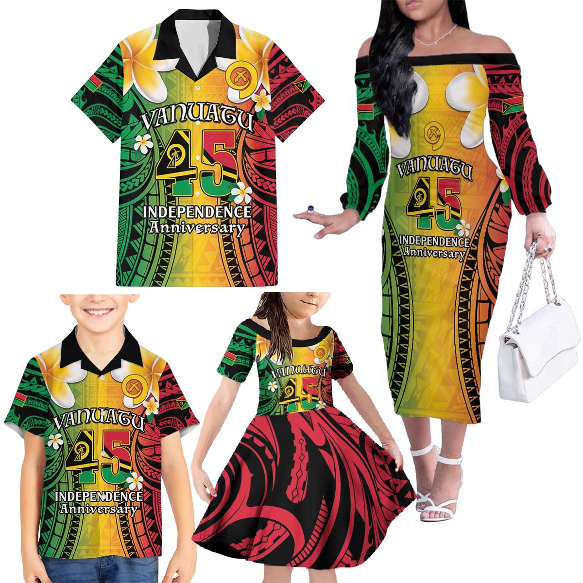 Vanuatu Independence Day Family Matching Off The Shoulder Long Sleeve Dress and Hawaiian Shirt Long God Yumi Stanap Happy 46th Anniversary LT14 - Polynesian Pride