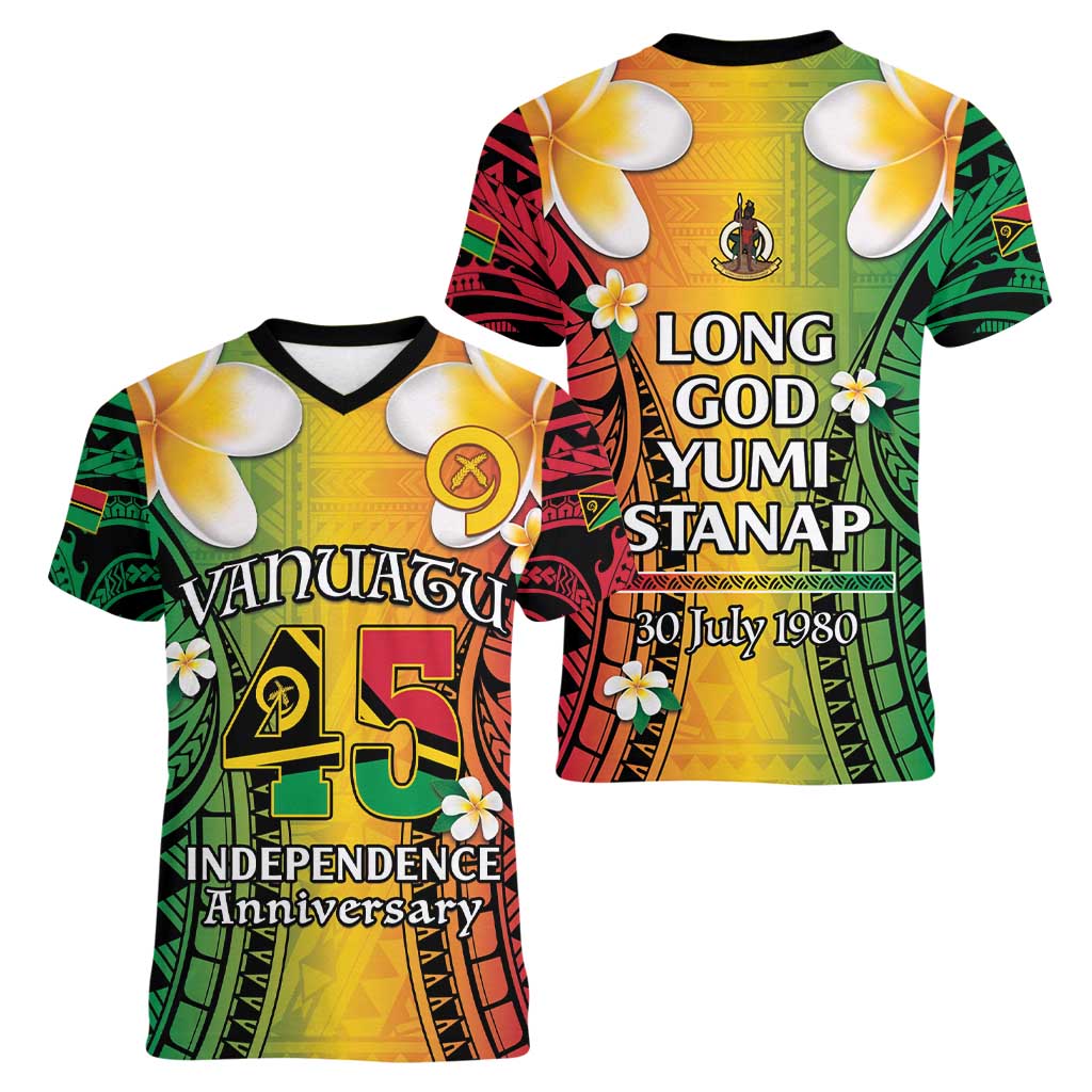 Vanuatu Independence Day Women V-Neck T-Shirt Long God Yumi Stanap Happy 45th Anniversary LT14