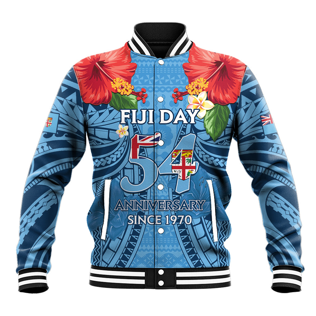 Fiji Day Baseball Jacket Happy 54 Years Of Independence Tapa Pattern Blue LT14 Unisex Blue - Polynesian Pride