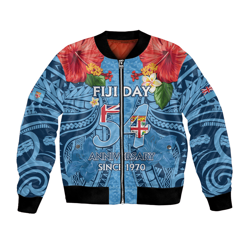 Fiji Day Bomber Jacket Happy 54 Years Of Independence Tapa Pattern Blue LT14 Unisex Blue - Polynesian Pride