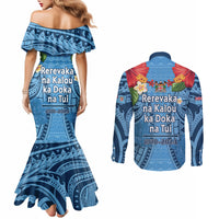Fiji Day Couples Matching Mermaid Dress and Long Sleeve Button Shirt Happy 54 Years Of Independence Tapa Pattern Blue