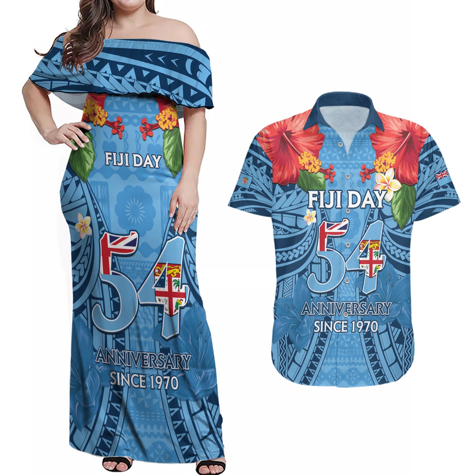 Fiji Day Couples Matching Off Shoulder Maxi Dress and Hawaiian Shirt Happy 54 Years Of Independence Tapa Pattern Blue LT14 Blue - Polynesian Pride